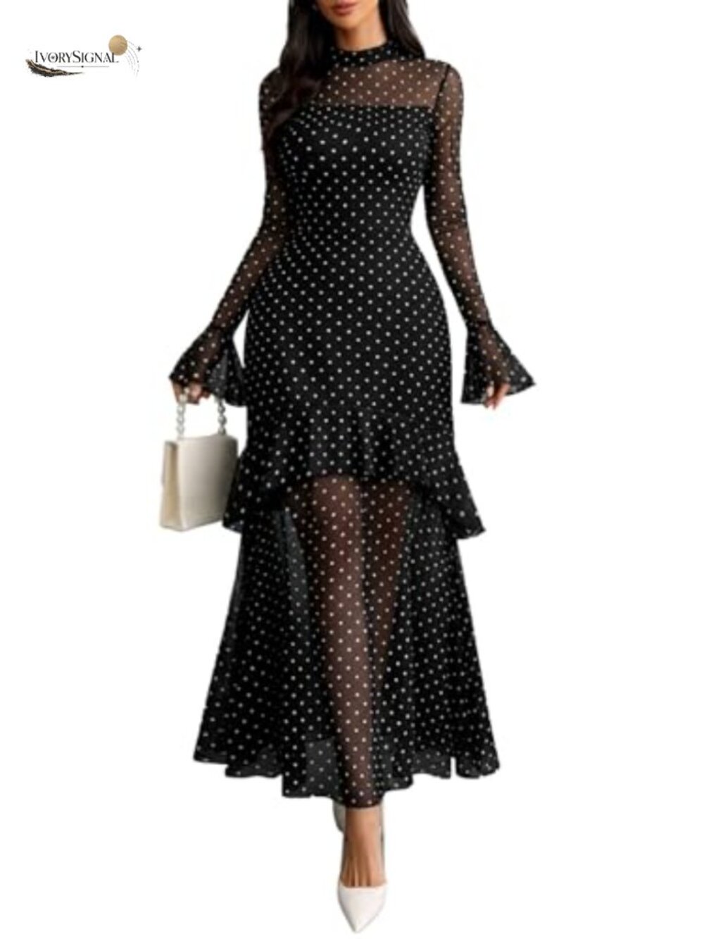 Women Floral Maxi Dress Bell Sleeve Mesh Semi Formal Party Wedding Guest